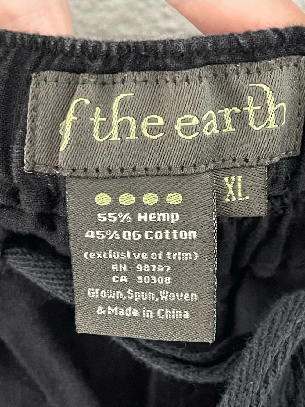 Of The Earth Hemp/Organic Cotton Casual Drawstring Pants Size XL Washed Black